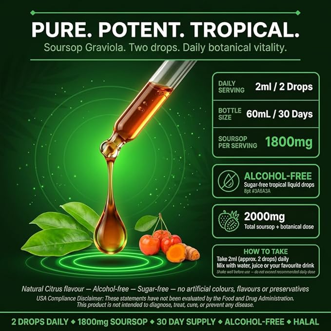 Soursop Graviola Liquid Drops 2000mg with Acerola Cherry Turmeric Extract and Black Pepper Extract 60mL (2 fl oz)