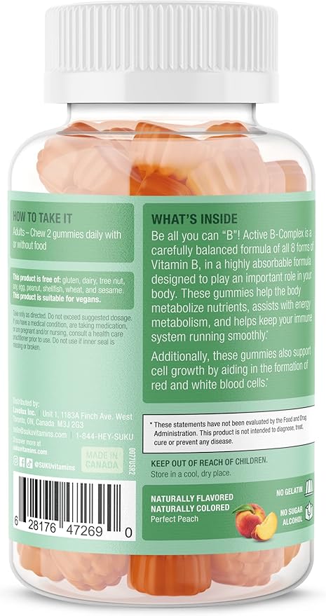 SUKU Vitamin B Complex Gummies with Vitamin C – Sugar Free Vegan 8 B Vitamins Complex Gummy Supplement Increases Cell Development Improves Metabolism &amp Collagen Formation Peach Flavour (50 Gummi