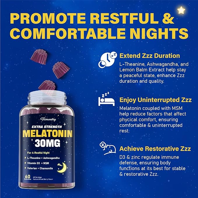 Melatonin Gummies 30mg for Adults: Maximum Strength Melatonin Supplement with L-Theanine Ashwagandha MSM Vitamin D3 &amp Zinc - Non-Habit Forming Natural Mixed Berry Flavor 60 Count (Pack of 1)