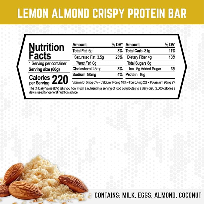 Battle Bars Crispy Protein Bar 17g Protein per serving - Gluten Free No Artificial Flavors or Colors - Verteran Owned - Lemon Almond (60g) 12 Count