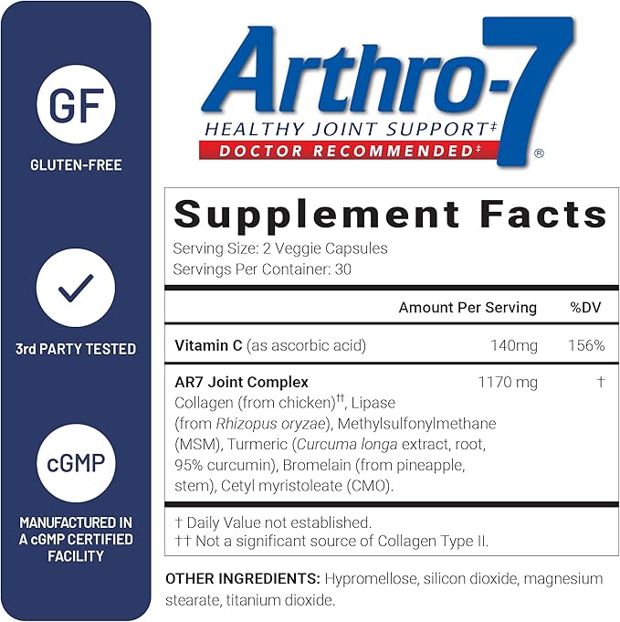 U.S. Doctors’ Clinical Arthro-7 - Clinically Proven Joint Support Complex with Turmeric MSM Collagen Bromelain for Flexibility Mobility and Strong Cartilage - 60 Capsules - 15/30-Day Supply