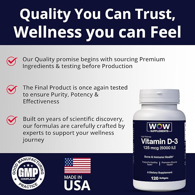 WOW Supplements Vitamin D3 5000 IU Softgels 125 mcg - Vitamin D3 5000IU Supplement for Strong Bones and Immune Support - Non-GMO Gluten Free Vitamin D 5000 IU - VIT D3 5000 IU Softgels - 120 Count