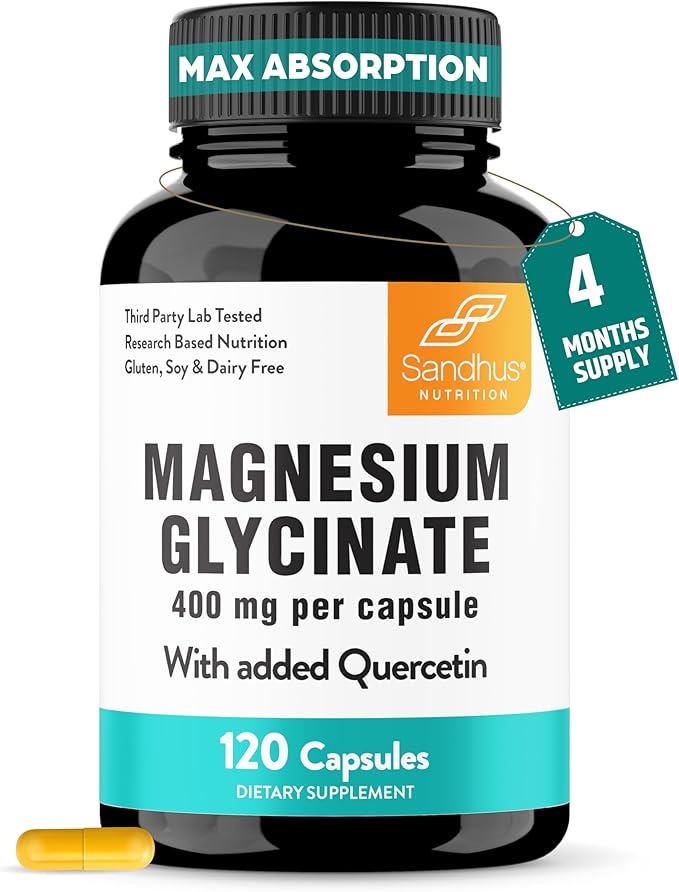 Magnesium Glycinate 400mg High Absorption Capsules with Quercetin | Quality Sleep Relaxation &amp Muscle Health Supplement for Women and Men | Chelated Magnesium 120 Count (Pack of 1) | Easy to Swal