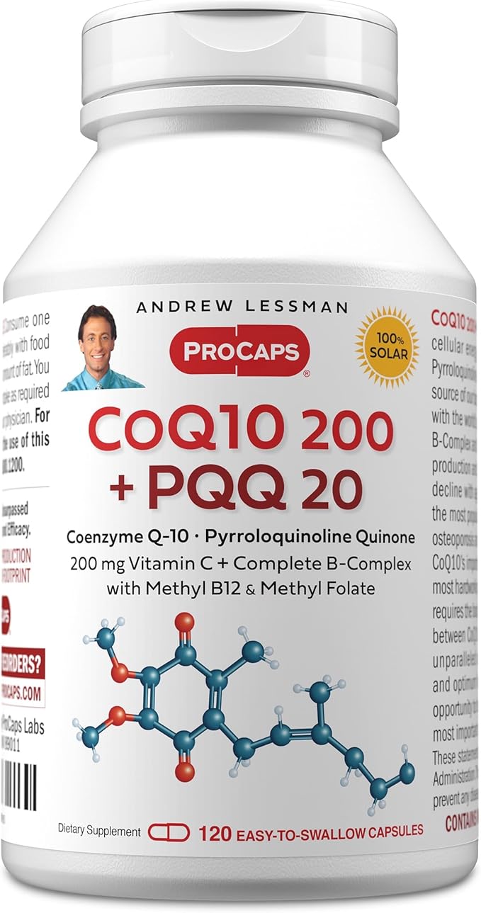 ANDREW LESSMAN Coenzyme Q-10 200 Plus PQQ 20mg - 120 Capsules - Maintains CoQ10 Levels Optimum Cellular Energy Supports Energy Production Heart Brain Liver Kidney Pancreas. No Additives
