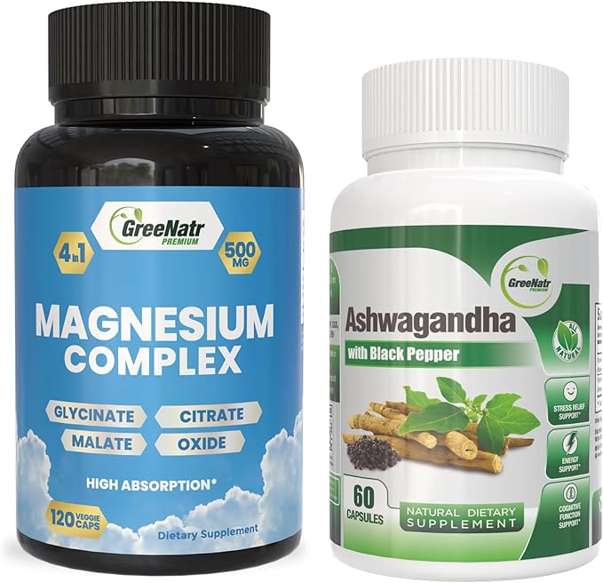 Magnesium Supplement with Glycinate Citrate Malate &amp Oxide Plus Organic Aswagandha Supplement for Digestion Sleep Heart Health &amp Energy