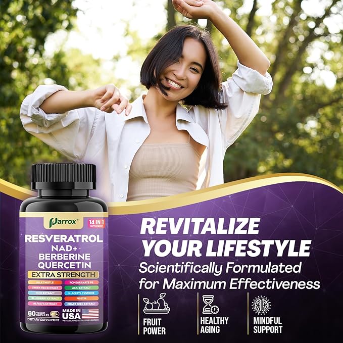 Resveratrol Supplement with Milk Thistle NAD Berberine Quercetin Fisetin Pomegranate Green Tea Noni Acai Blueberry Grape Seed Extracts N-Acetyl Cysteine 14-in-1 Extra Strength (120 Caps)