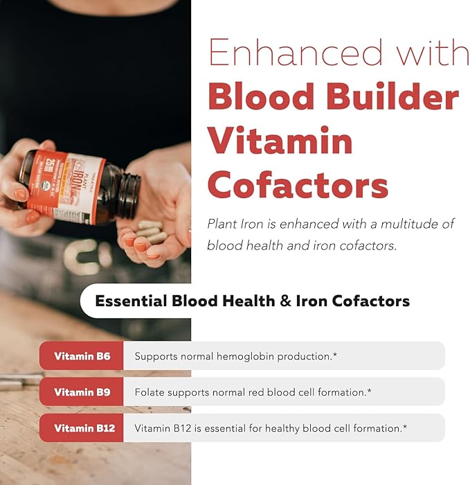 Organic Iron Supplement | Whole Food Mineral &amp Cofactors 25 mg Elemental | Enhanced Absorption Plus Blood Health Vitamins – Gentle Form – Supports Healthy Levels &amp Blood Health – 90 Capsules