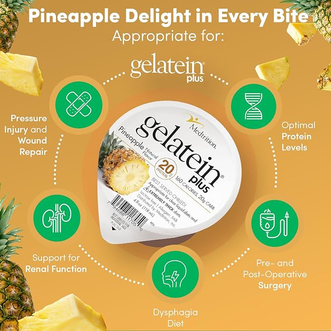 ProSource Gelatein Plus Pineapple: 20 Grams of Proteins. Ideal for Clear Liquid Diets Swallowing Difficulties Dialysis and Oncology. Great Pre or Post Workout Snack. (12 Pack) …