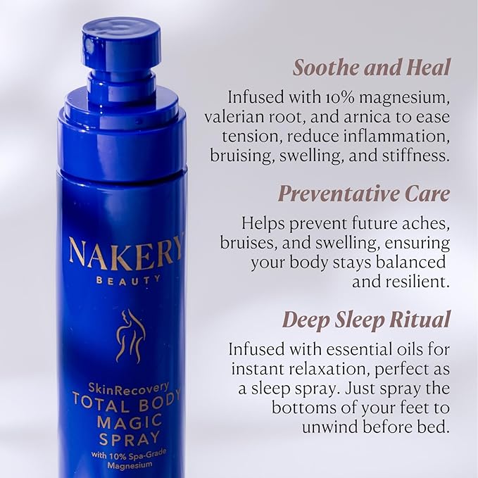 Nakery Total Body Magic Magnesium Spray 10% Formula for Feet Tension Leg Cramps and Muscle Stiffness Homeopathic Oil with Valerian Root Arnica and Soothing Post-Workout Relief