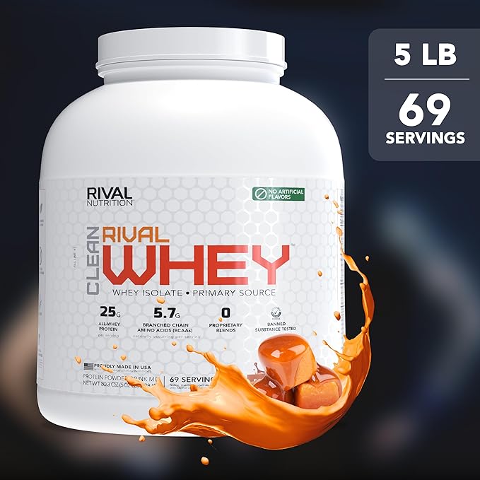 RIVAL NUTRITION Clean Rival Whey – 5LB Salted Caramel – 100% Whey Protein Powder Whey Isolate Primary Source | 25g Protein Muscle Gain/Recovery | All Natural No Artificial Ingredients - 69 Servings