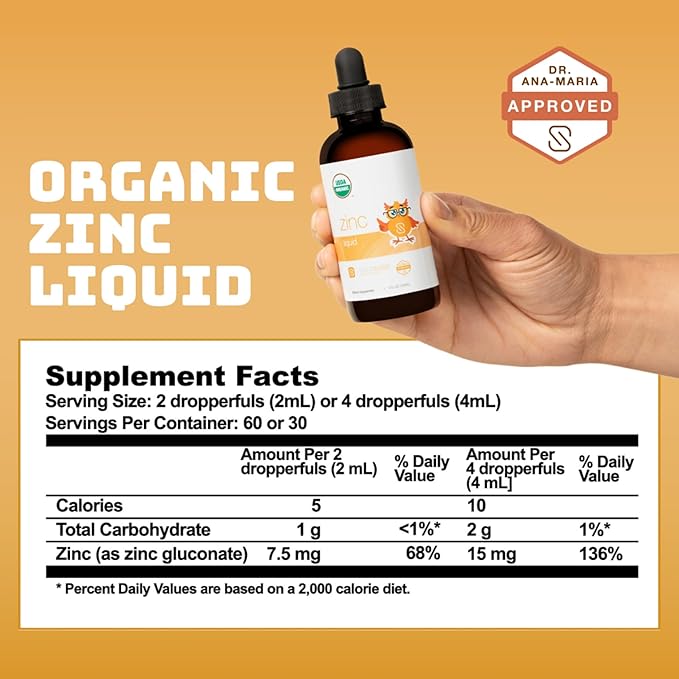 Organic Liquid Zinc by Dr. Ana Maria Temple | Immune &amp Skin Support | USDA Certified Organic No Artificial Ingredients or Natural Flavors | Family Friendly Dosing | 4 Fl Oz