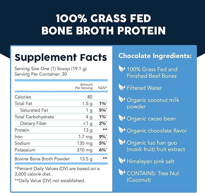 Paleovalley 100% Grass Fed Beef Bone Broth Protein Powder - Rich in Collagen Peptides for Hair Skin Gut Health Bone and Joint Support - 13g Protein Per Serving - No Gluten or GMOs - Chocolate