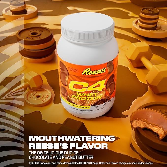 C4 Whey Protein Powder Reese's Peanut Butter &amp Chocolate - 25g Protein 0g Added Sugar 140 Calories Per Serving Supports Muscle Recovery 28 Servings Premium Whey for Post-Workout
