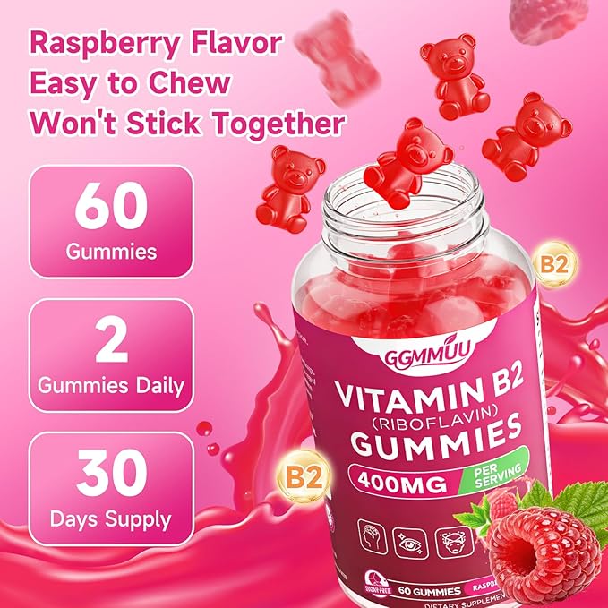 2 Pack Vitamin B2 Gummies Riboflavin 400mg Supplement with Magnesium for Kids &amp Adults B2 Gummies for Nervous System Support &amp Skin Health Raspberry Flavor 120 Count