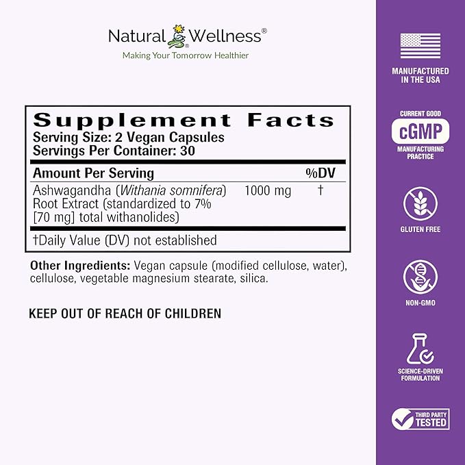 Natural Wellness Ashwagandha Root Extract 1000 mg – High Potency Stress Relief &amp Mood Support – Promotes Relaxation Sleep &amp Energy Balance – Standardized to 7% – 60 Vegan Capsules (30 Day Sup