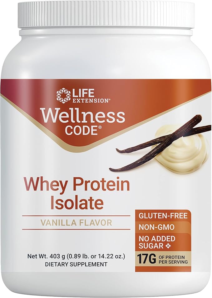 Life Extension Wellness Code® Whey Protein Isolate (Vanilla) Protein and branched-Chain Amino acids for Muscle Growth &amp Immune Health no Sugar Added Gluten Free Non-GMO 403 Grams (20 Servings