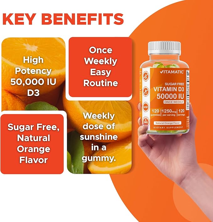 Vitamatic Sugar Free Vitamin D3 50000 IU Weekly Supplement - 120 Pectin Based Gummies - Vitamin D Capsules for Bones Teeth and Immune Support (50000 IU) - 2 Pack