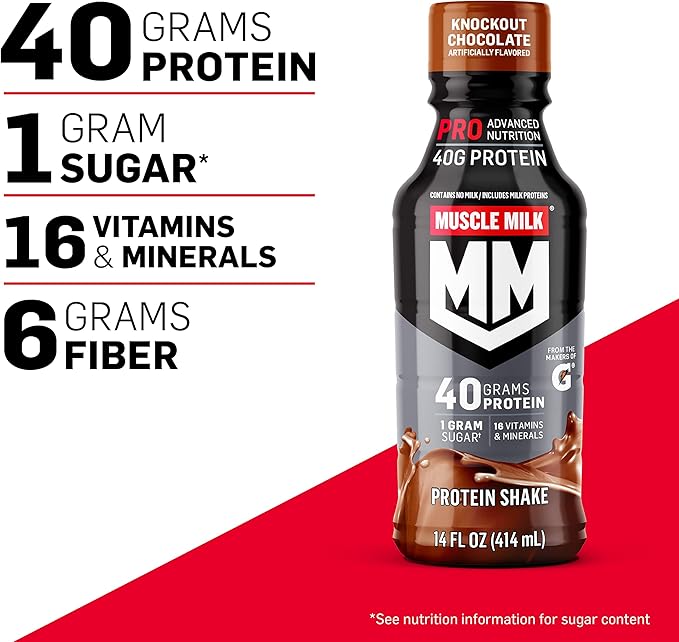 Muscle Milk Pro Advanced Nutrition Protein Shake Knockout Chocolate 14 Fl Oz Bottle 12 Pack 40g Protein 1g Sugar 16 Vitamins &amp Minerals 6g Fiber Workout Recovery Packaging May Vary