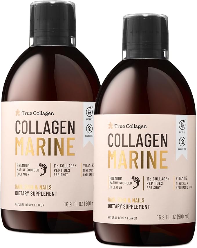 True Collagen Marine | 11000 mg Hydrolyzed Collagen Liquid Supplement - 2 x 500 ml (1000 ml) 40 Day Supply | Hyaluronic Acid Biotin and Vitamin C for Healthy Hair Skin and Nails | Sugar-Free