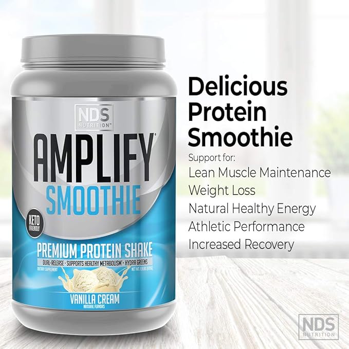 AMPLIFY NDS Nutrition Smoothie Premium Whey Protein Powder Shake with Added Greens and Amino Acids - Build Lean Muscle Gain Strength Lasting Energy and Lose Fat - Vanilla (30 Servings)