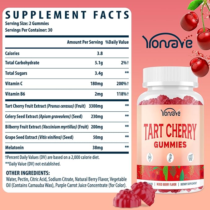 3300mg Tart Cherry Gummies for Uric Acid Cleanse Sleep Gout Joint &amp Kidney Support – Tart Cherry Extract with Celery Seed Melatonin Vitamin C – Detox &amp Antioxidant – Mixed Berry Flavor 1