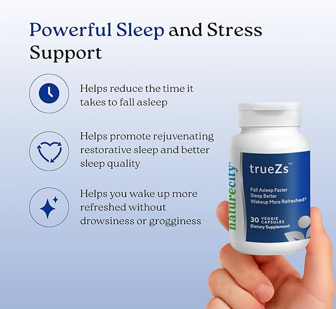 NatureCity TrueZs Melatonin-Free Natural Sleep Aids for Adults - Ashwagandha L-Theanine and Saffron Powder Sleep Pills to Support Falling and Staying Asleep (30 Veggie Capsules)