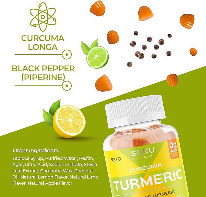 SUKU Turmeric Curcumin Sugar Free Gummies with 1003mg of Turmeric - Black Pepper Protects Liver Improves Digestion Inflammation Response &amp Joint Health – Lemon Lime Flavour (50 Gummies)