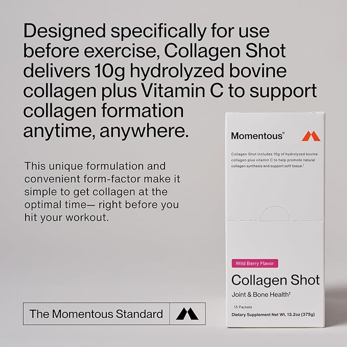 Momentous Collagen Shot Supplement - Hydrolyzed Bovine Collagen &amp Vitamin C Helps Support Joint Bone &amp Connective Tissue Health - NSF Certified for Sport - Wild Berry - 25g per Serving - 15