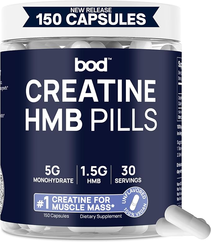 Bod Creatine HMB Capsules Creatine Monohydrate Powder with HMB for Muscle Growth Increased Strength Energy and Performance - No Bloat No Load Unflavored Vegan 150 Capsules 30 SVG