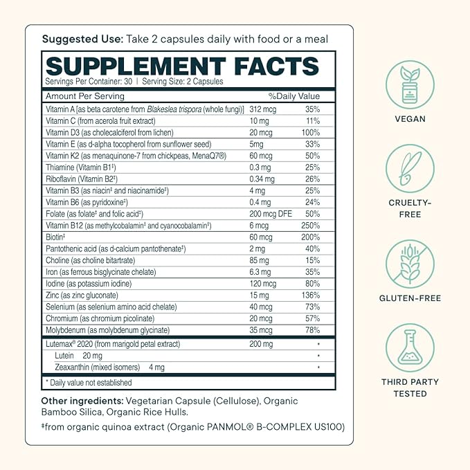 Ora Organic Plant Based Multivitamin for Women and Men Bluelight Protection - Brain Eye Energy Immune Skin Hair Heart and Bone Health Support 60 Vegan Capsules