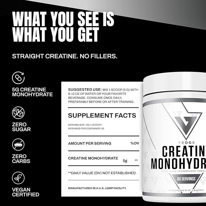 VEDGE Vegan Creatine Powder 5 g Creatine Monohydrate Micronized Unflavored Creatine Powder Plant Based Creatine for Women and Men Gluten Free Made in USA 30 Servings