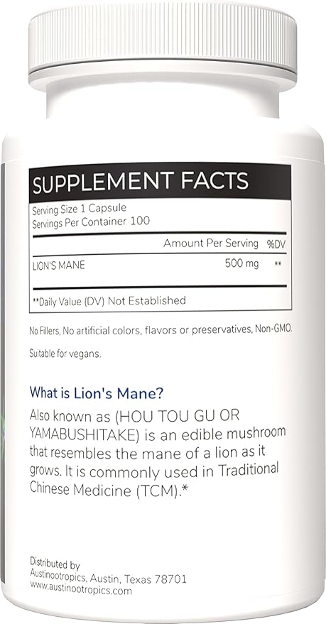 Austinootropics Lions Mane Mushroom 500mg Daily Adaptogen Capsules for Stress Support Mood Balance Energy &amp Focus – 100 Vegan Capsules