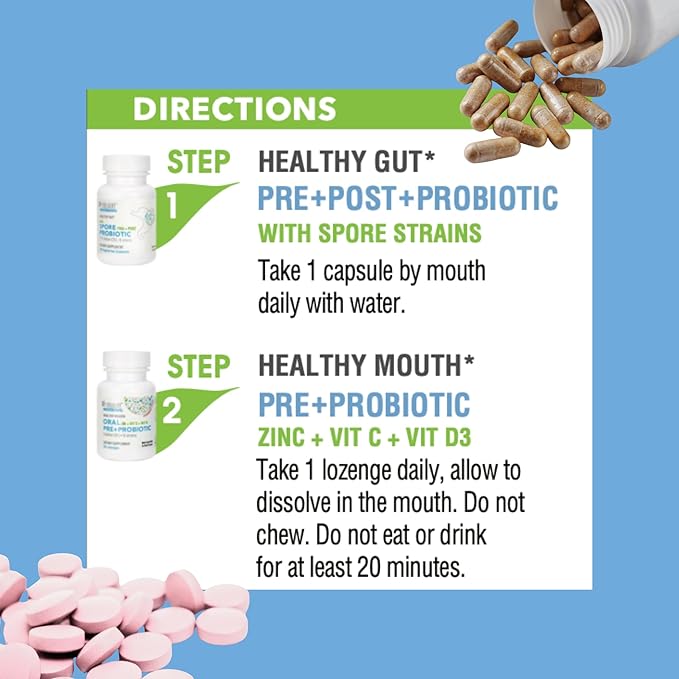 StellaLife Probiotics Oral &amp Gut Prebiotics Post Probiotics Kit: 44.5B CFU 11 Oral &amp 6 Gut Spore strains for Digestive &amp Dental Health Bad Breath Treatment Tongue Hygiene Strawberry Fl