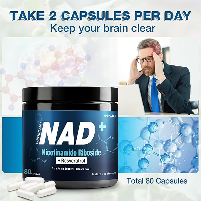 NAD+ Supplement 1000mg - Nicotinamide Riboside (NR) and Resveratrol Liposomal NAD of Pure Organic Ingredients for Women &amp Men Healthy Aging Brain and Cellular Energy 80 Capsules(2Pcs)