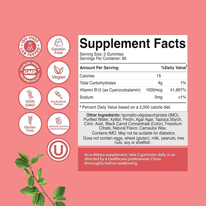 Vitamin B12 Gummies for Adults - Sugar Free Vitamin B12 1000 mcg Chewable Gums for Energy &amp Mood Support Immune &amp Nerves Health - Kosher Non-GMO &amp Gluten Free Supplement for Women &amp Me
