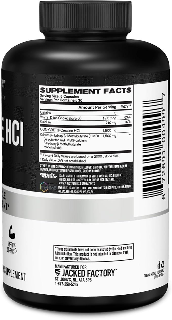 Jacked Factory Creatine HCL + HMB Capsules - Synergistic CON-CRET myHMB &amp Vitamin D Formula for Improved Growth Strength &amp Reduced Muscle Breakdown - 150 Capsules