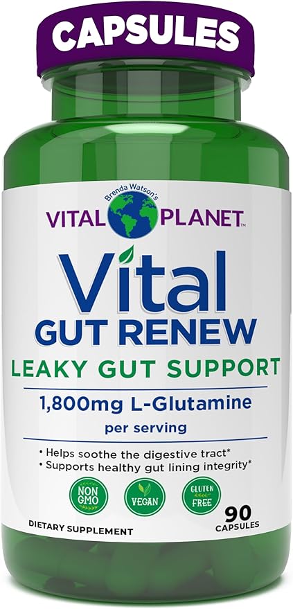 Vital Planet - Vital Gut Renew Capsules Supplement for Leaky Gut Repair with L-Glutamine Marshmallow and Ginger Root DGL Licorice Root and Organic Aloe Vera L Glutamine 1800mg 90 Capsules