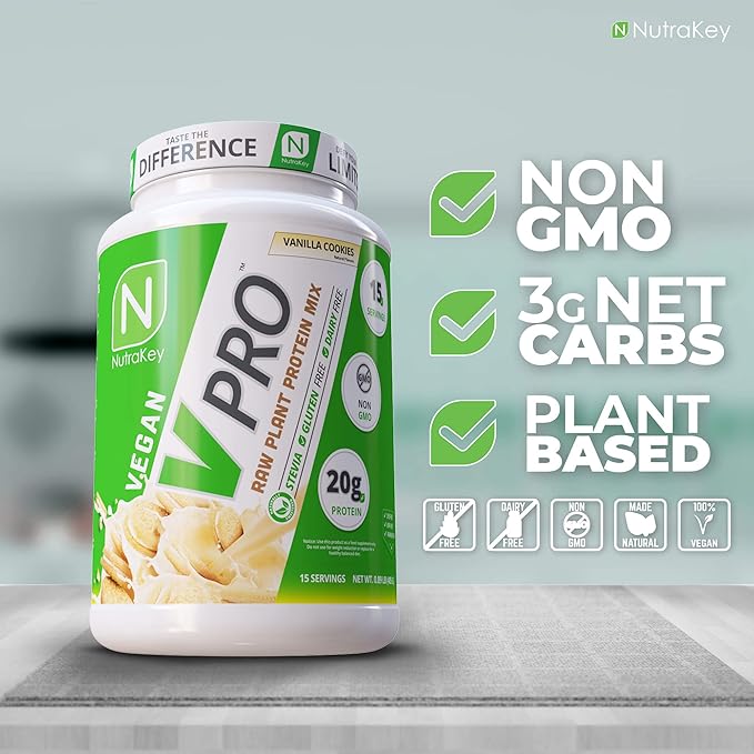 NutraKey V-Pro Raw Plant Protein Powder Organic Vegan Low Carb Gluten Free with with 20g of Protein (Vanilla Cookie) 1.78-Pound.