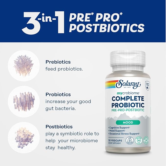 SOLARAY Mycrobiome Complete Probiotic Mood Formula - Pre and Probiotics for Women and Men Plus Postbiotic - 50 Billion CFU 28 Strains - Vegan Clinically Studied Ingredients - 30 Servings 30 VegCaps