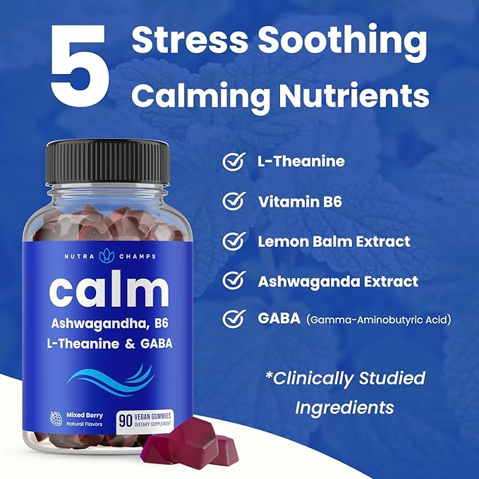 NutraChamps Calm Gummies Stress Gummies Supplement with Ashwagandha L-Theanine GABA Vitamin B6 &amp Lemon Balm 90 Gummies (Pack of 2)