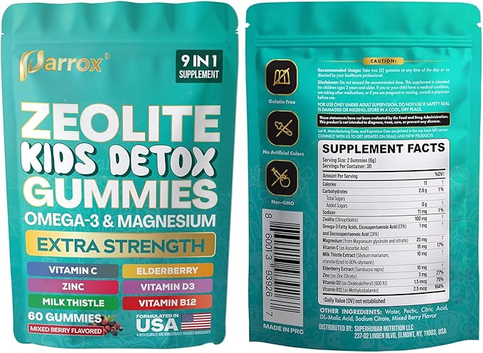 Zeolite Kids Gummies 9-in-1 with Zeolite Omega-3 Magnesium Elderberry Vitamin C Milk Thistle Vitamin D3 Zinc B12 – Sugar-Free (60 Gummies – Mixed Berry Flavor)