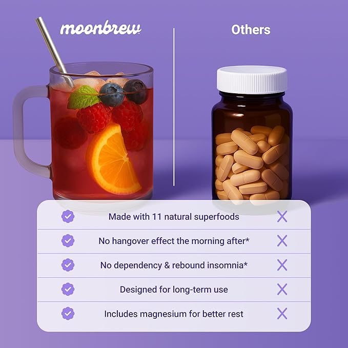 MoonBrew Nighttime Magnesium Sleepy Berry Smoothie Natural Sleep Aid Drink Mix for Adults 3-Pack - Calming Melatonin-Free Sleep Support with L-Theanine Chamomile &amp Zinc Glycinate - 75 Servings