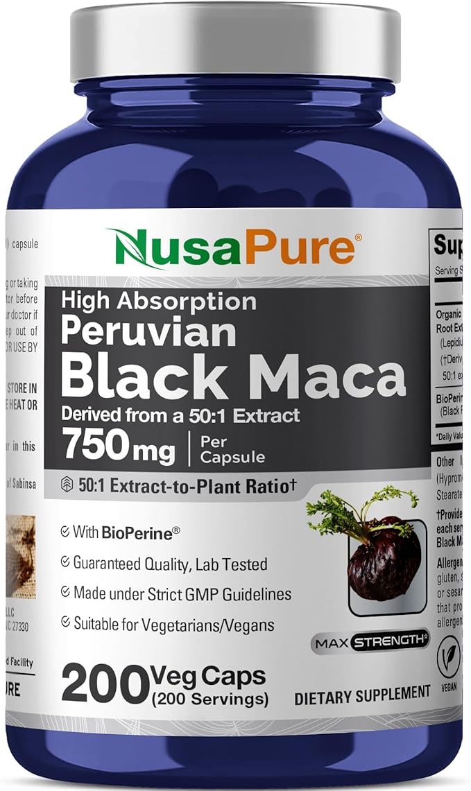 NusaPure Peruvian Black Maca Root 750 mg 200 Veg Capsules ((Non-GMO Vegan)