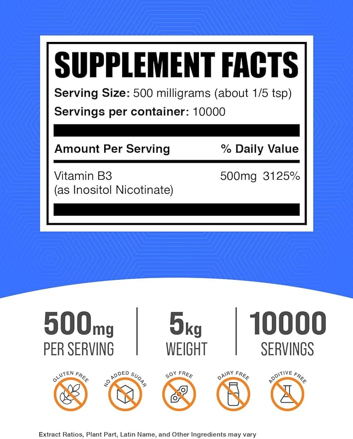 BulkSupplements.com Flush Free Niacin Powder - as Inositol Hexanicotinate Vitamin B3 Supplement Niacin 500mg Flush Free - Gluten Free 500mg of per Serving 5kg (11 lbs) (Pack of 5)