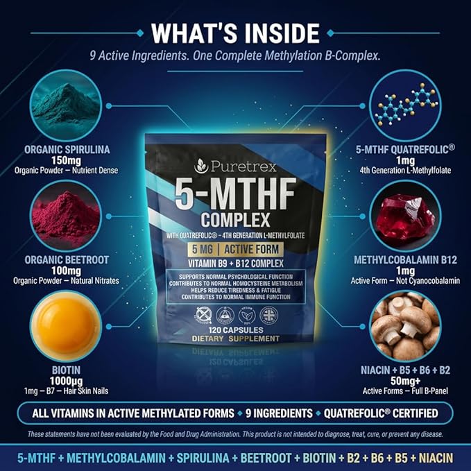 5-MTHF Complex with Quatrefolic Active Folate (L-Methylfolate) 1mg + Methyl B12 1mg + P-5-P B6 + Riboflavin-5-Phosphate Vegan Non-GMO 120 Capsules