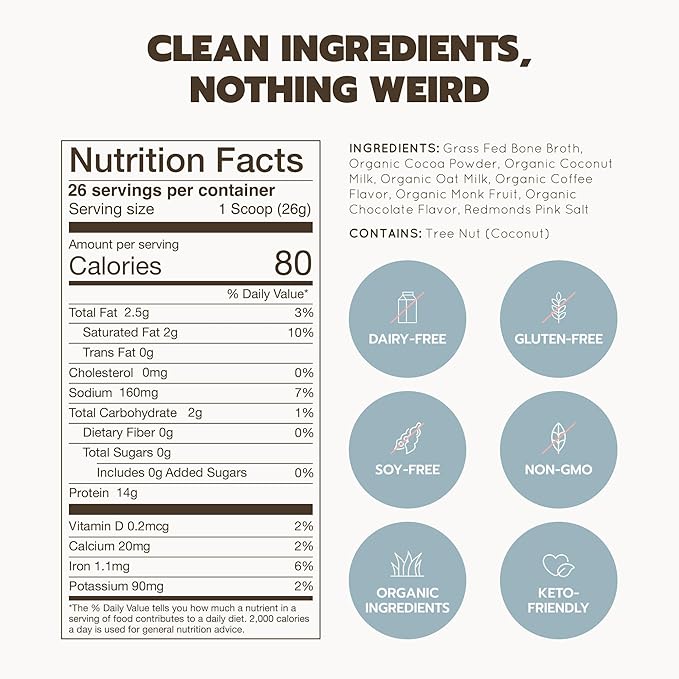 Bone Broth Protein Powder Grass Fed Collagen with 14g Complete Protein per Serving Gluten Free Keto &amp Dairy Free Organic &amp Clean Ingredients No Added Sugar Mocha 26 Servings