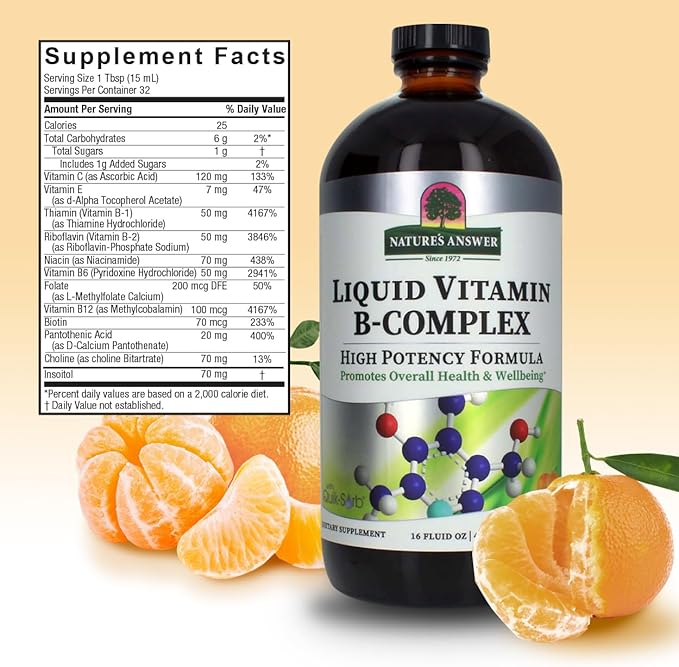 Nature's Answer Liquid Vitamin B-Complex Supports Healthy Energy Levels | Promotes Healthy Nerve Function | All-Natural Tangerine Flavor | Gluten-Free &amp Benzoate-Free 16oz