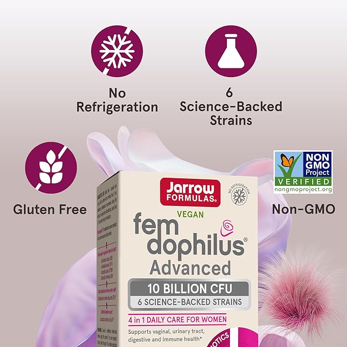 Jarrow Formulas Fem-Dophilus Advanced Probiotics 10 Billion CFU with 6 Science-Backed Strains for Vaginal Urinary Tract Digestive and Immune Support 30 Veggie Capsules Shelf-Stable Pack of 12