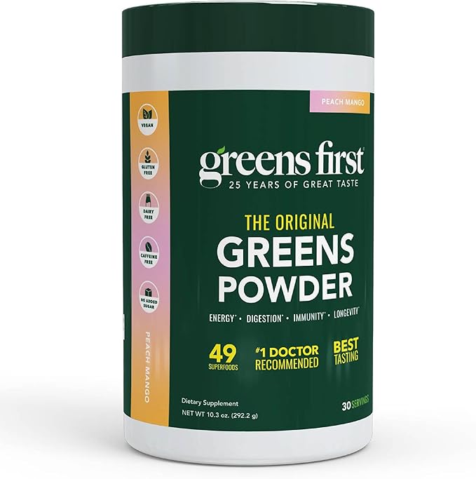 Greens First Original Greens Powder - 49 Superfoods - Organic Fruits &amp Veggies - Prebiotics Probiotics &amp Digestive Enzymes - Antioxidant Smoothie - Dairy Free/Vegan/Non-GMO (Peach Mango 30 S