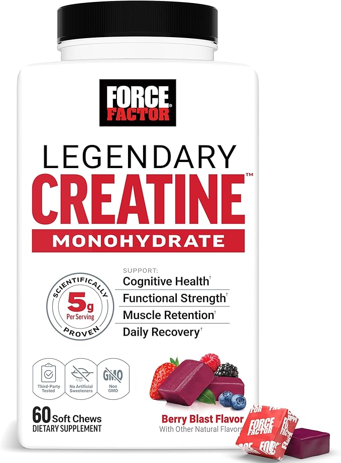 Force Factor Legendary Creatine Chews 5g Creatine Monohydrate Build Muscle Improve Strength &amp Recovery Support Memory &amp Cognitive Function Sugar Free Berry Blast 60 Soft Chews